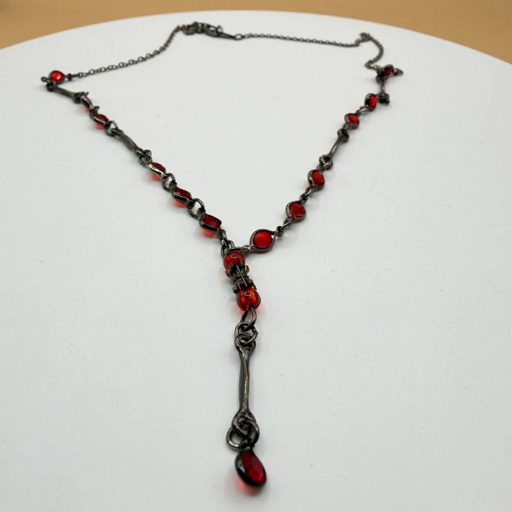 KOREN Red Crystal Y Drop Necklace Gunmetal Tone Gothic Victorian Statement Gift
